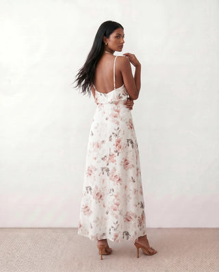Tessa Wedding Guest Floral Maxi Dress in White — back view