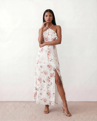 Tessa Wedding Guest Floral Maxi Dress in White — front view
