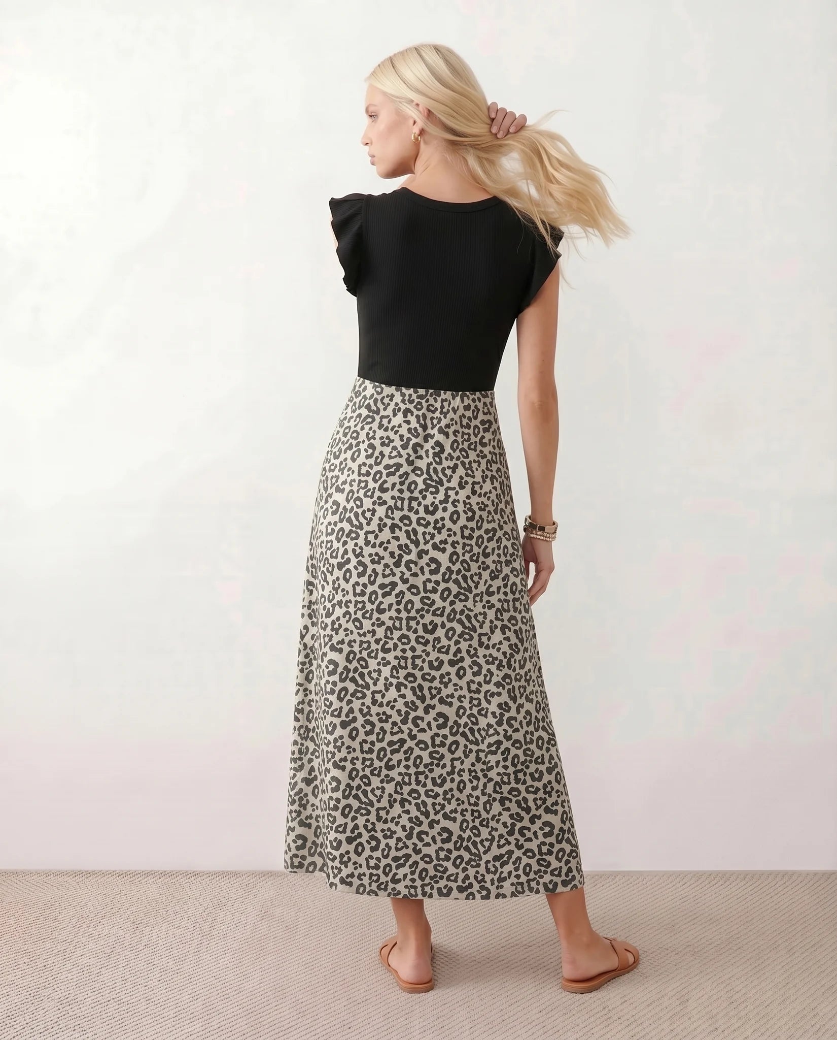 Ayla Round Neck Animal Print Maxi Dress in Black — back view
