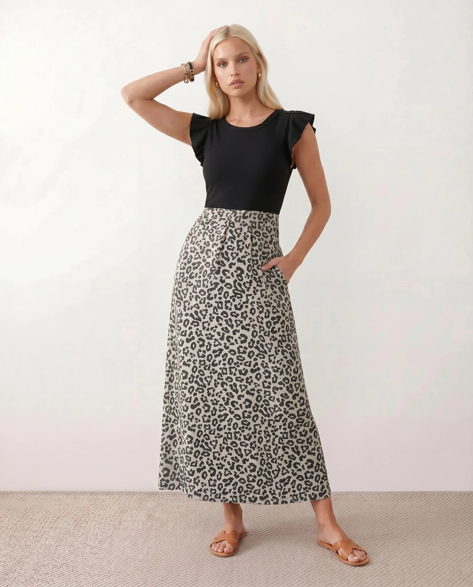 Ayla Round Neck Animal Print Maxi Dress in Black — front view