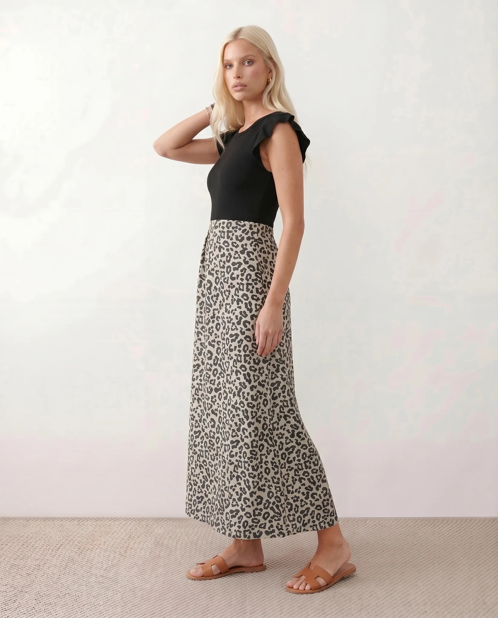 Ayla Round Neck Animal Print Maxi Dress in Black — side view