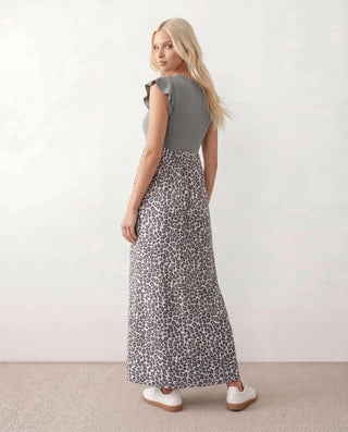 Ayla Round Neck Animal Print Maxi Dress in Gray — back view