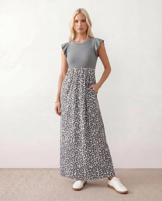 Ayla Round Neck Animal Print Maxi Dress in Gray — front view