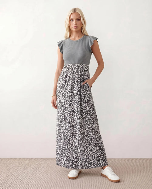 Ayla Round Neck Animal Print Maxi Dress in Gray — front view