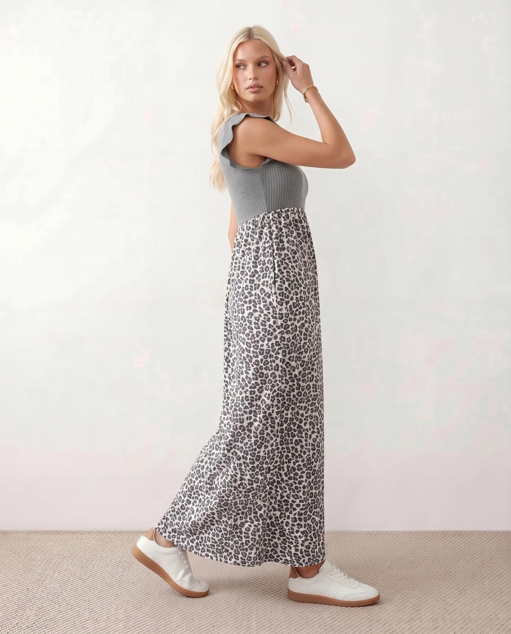 Ayla Round Neck Animal Print Maxi Dress in Gray — side view