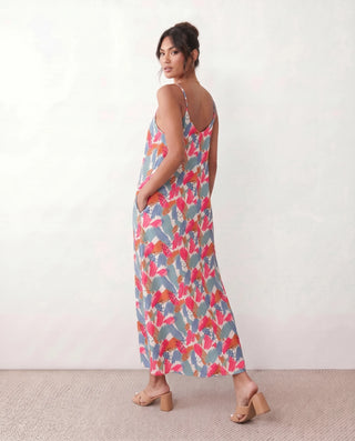 Elise Slip Spaghetti Strap Maxi Dress in Abstract Pink — back view