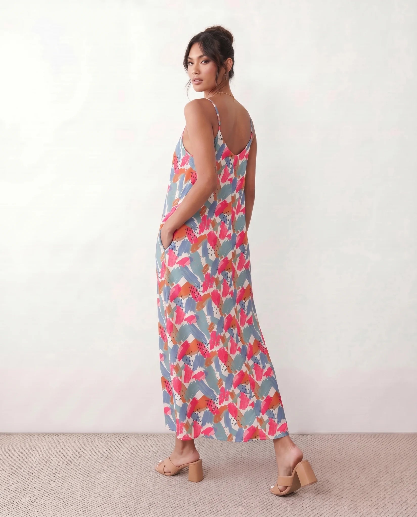 Elise Slip Spaghetti Strap Maxi Dress in Abstract Pink — back view