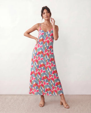 Elise Slip Spaghetti Strap Maxi Dress in Abstract Pink — front view