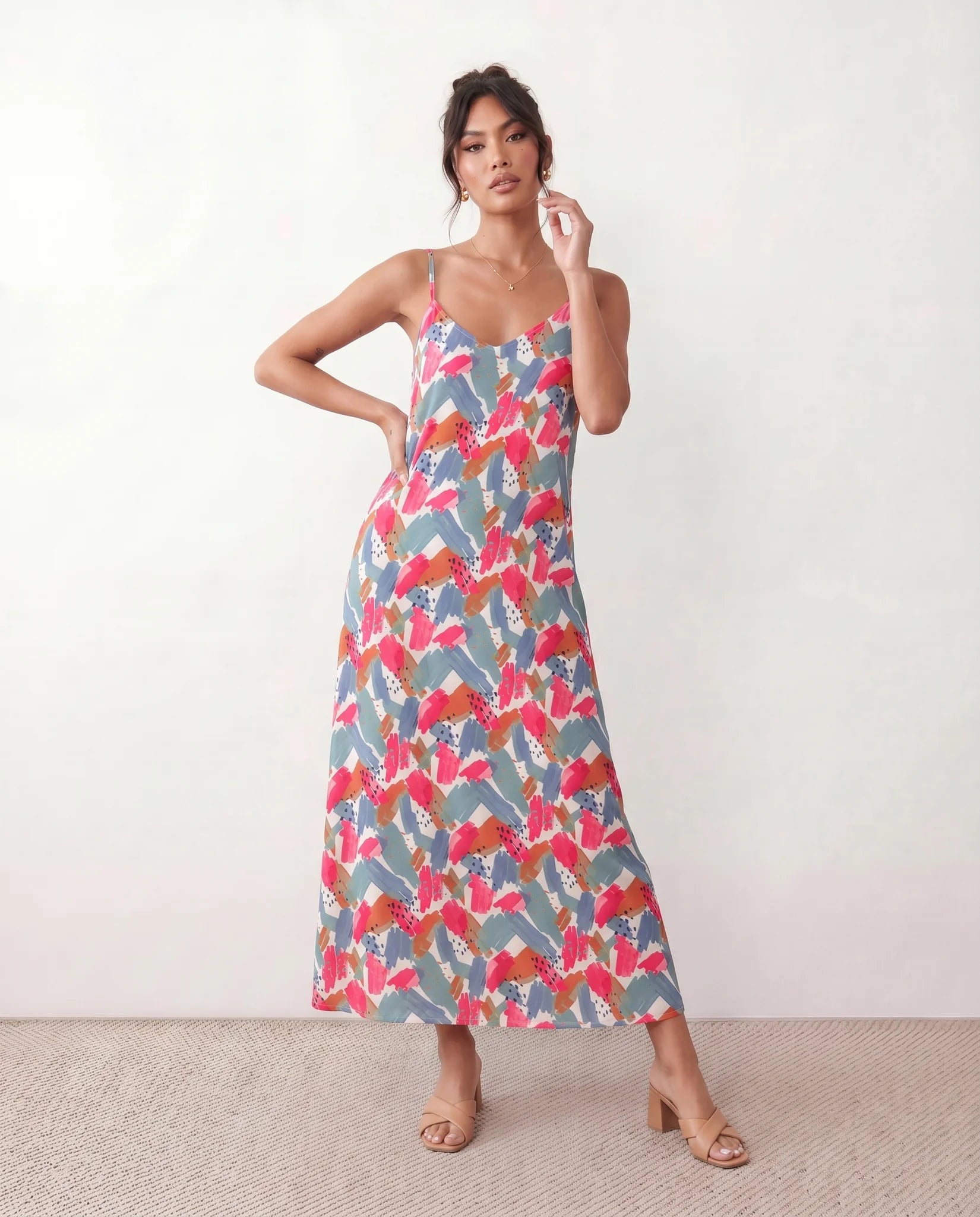 Elise Slip Spaghetti Strap Maxi Dress in Abstract Pink — front view