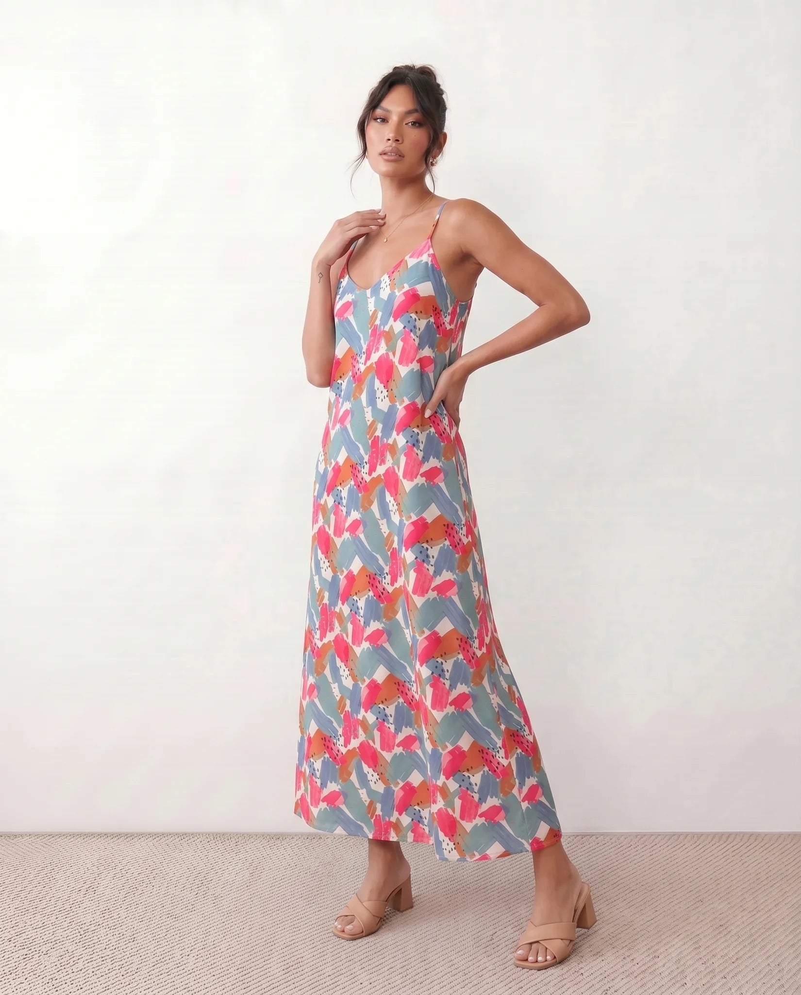 Elise Slip Spaghetti Strap Maxi Dress in Abstract Pink — side view