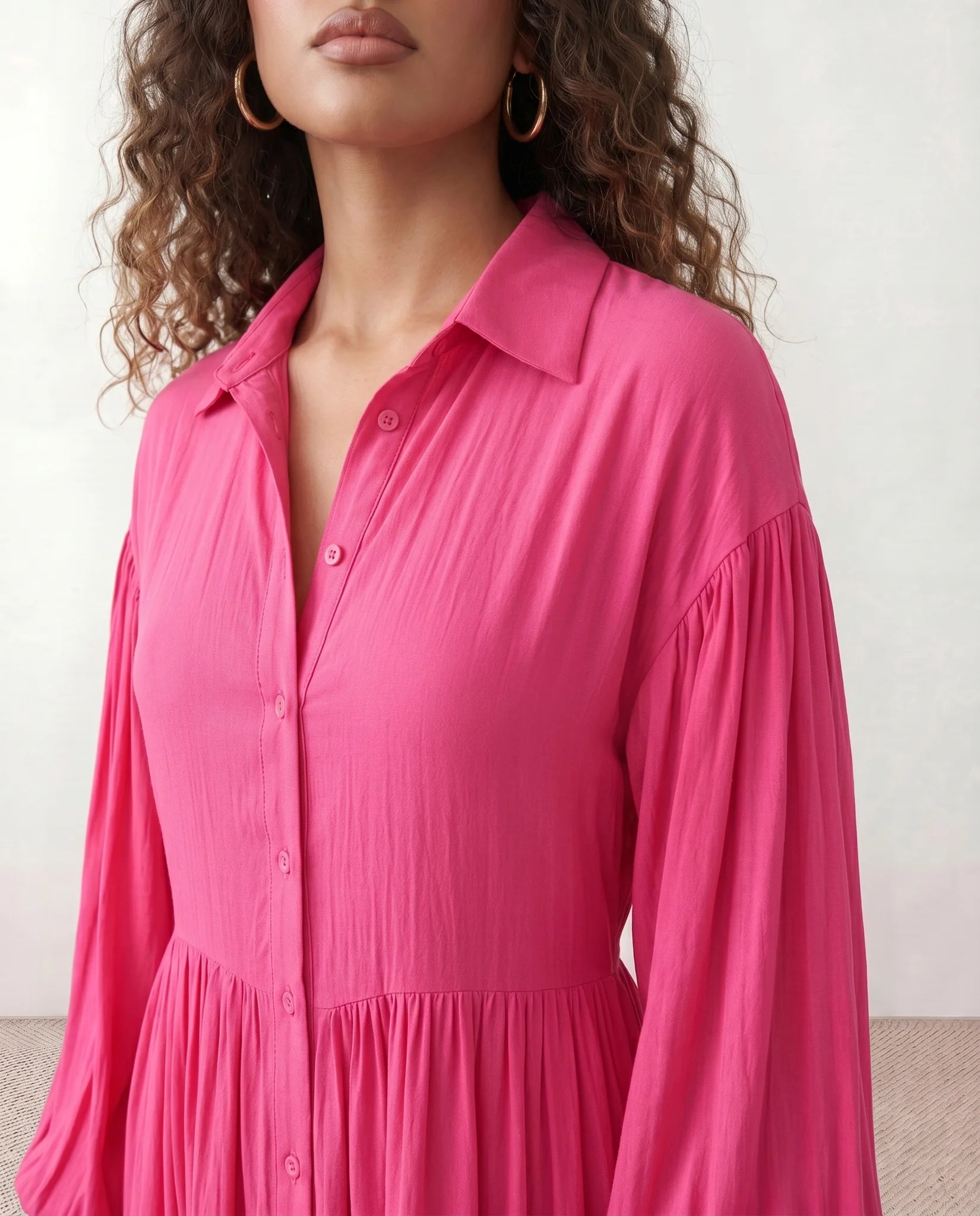 Maeve V-Neck Front Slit Maxi Dress in Pink — detail close-up