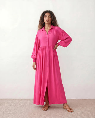 Maeve V-Neck Front Slit Maxi Dress in Pink — front view