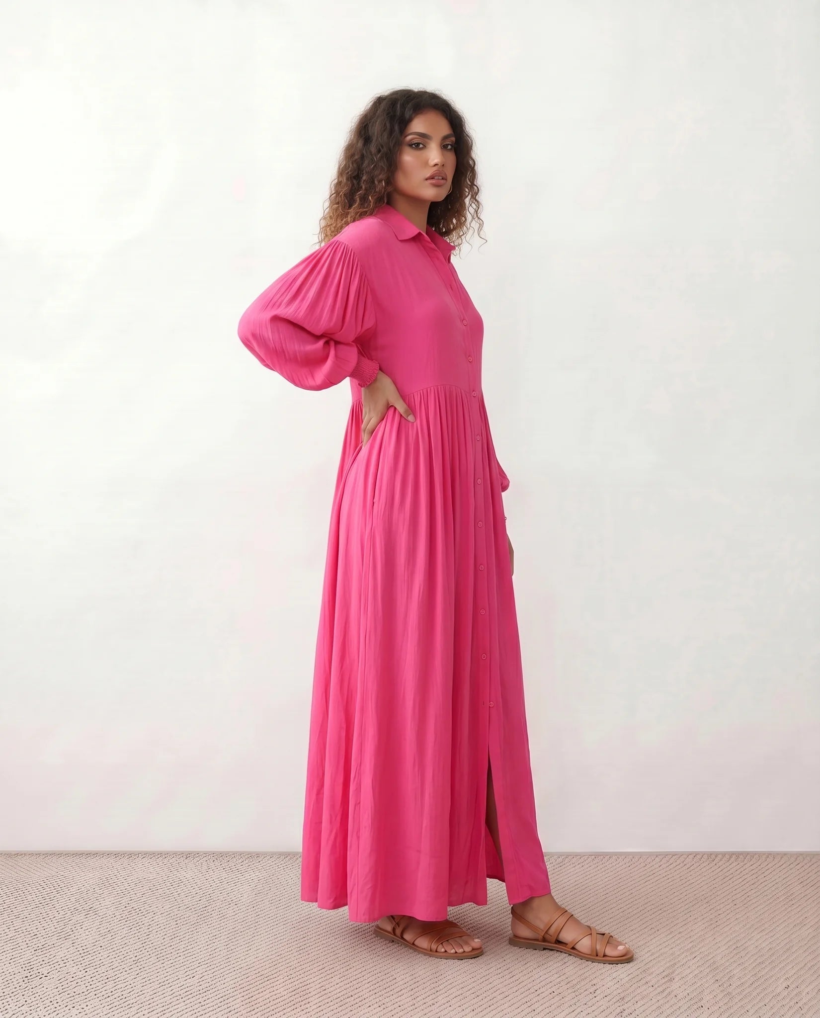 Maeve V-Neck Front Slit Maxi Dress in Pink — side view