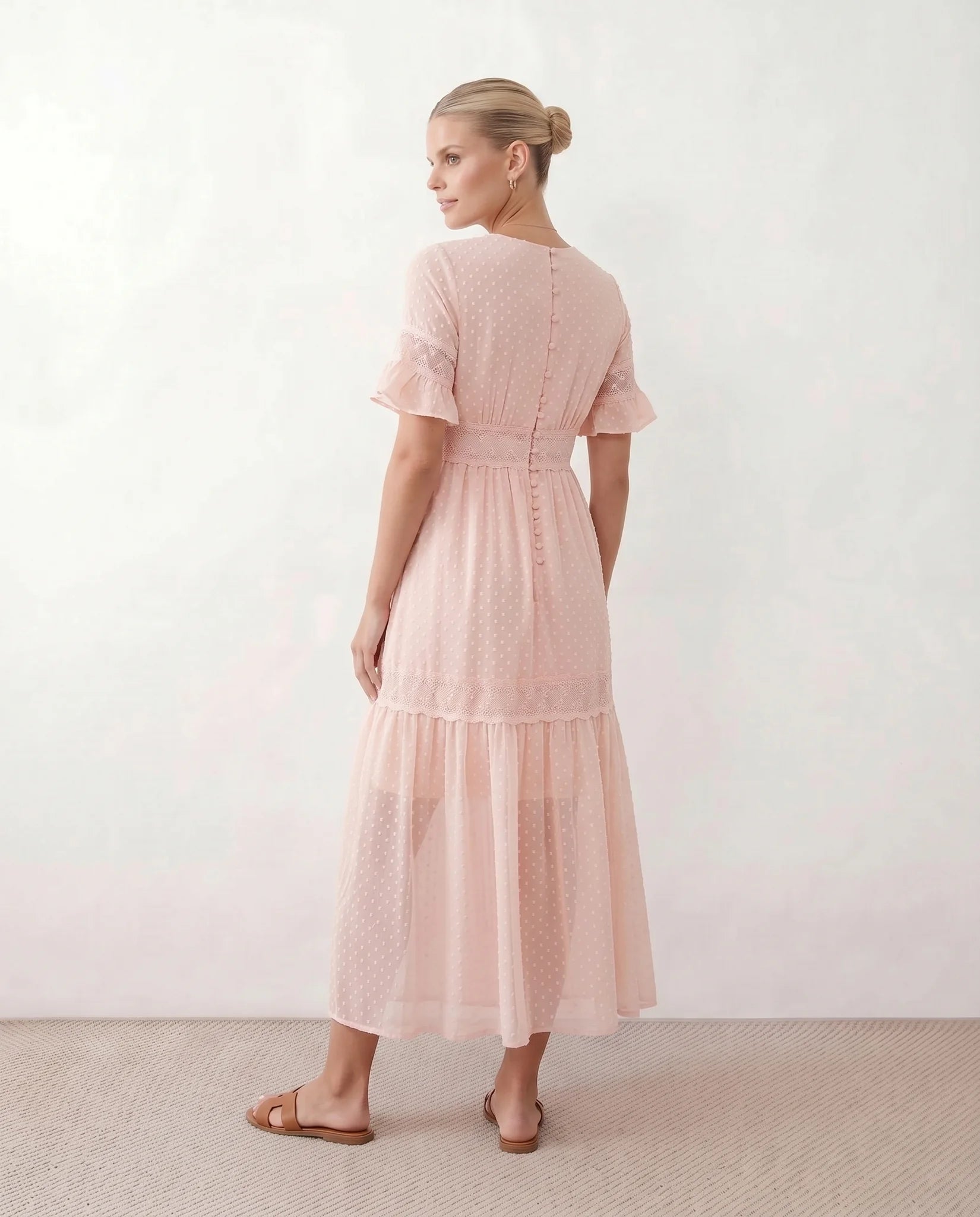 Ada Polka Dot Empire Waist Maxi Dress in Dots Pink — back view