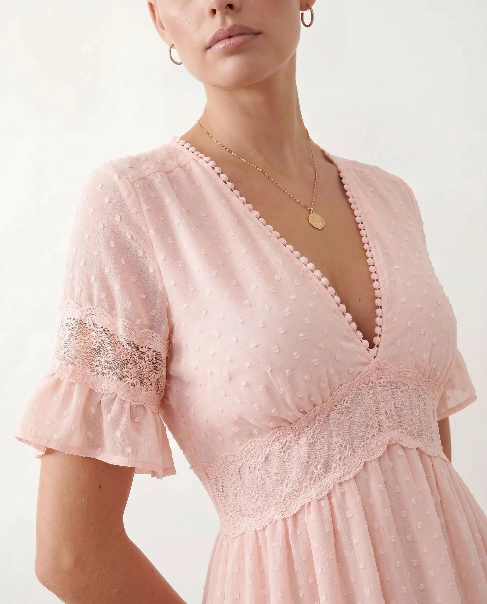 Ada Polka Dot Empire Waist Maxi Dress in Dots Pink — detail close-up