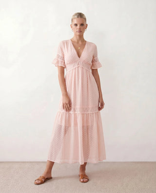 Ada Polka Dot Empire Waist Maxi Dress in Dots Pink — front view