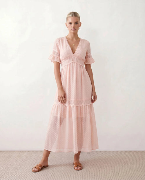 Ada Wedding Guest Polka Dot Maxi Dress in Pink — front view