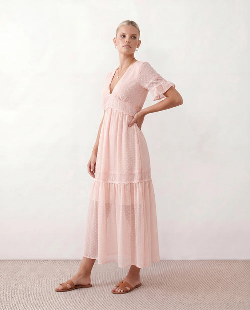 Ada Wedding Guest Polka Dot Maxi Dress in Pink — side view