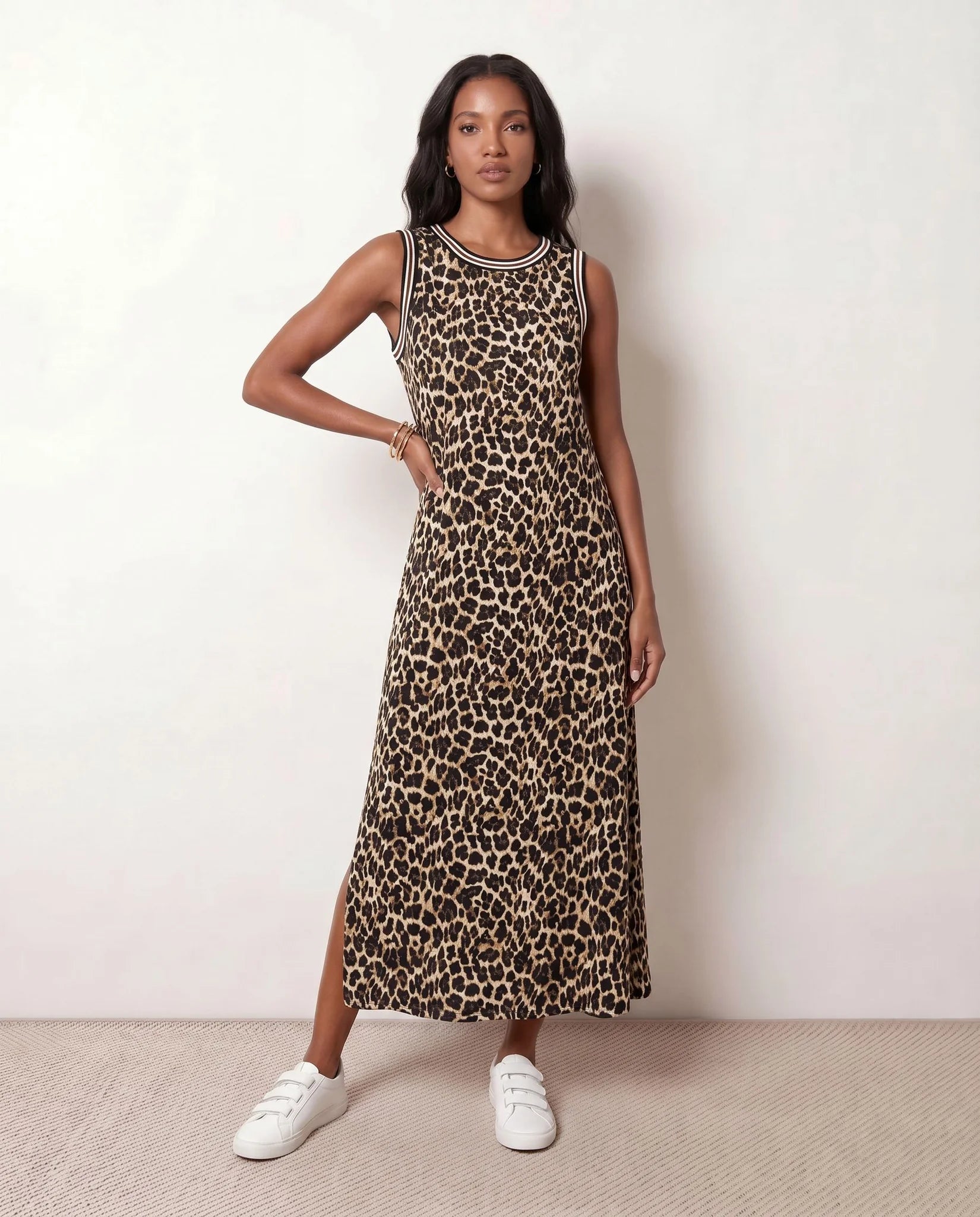 Adele Animal Print Side Slit Midi Dress in Animal Brown — front view