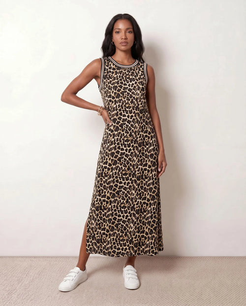 Adele Round Neck Animal Print Midi Dress in Brown — front view