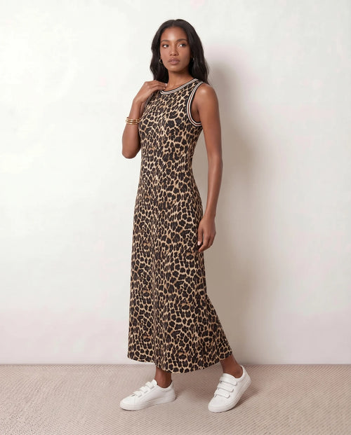 Adele Round Neck Animal Print Midi Dress in Brown — side view