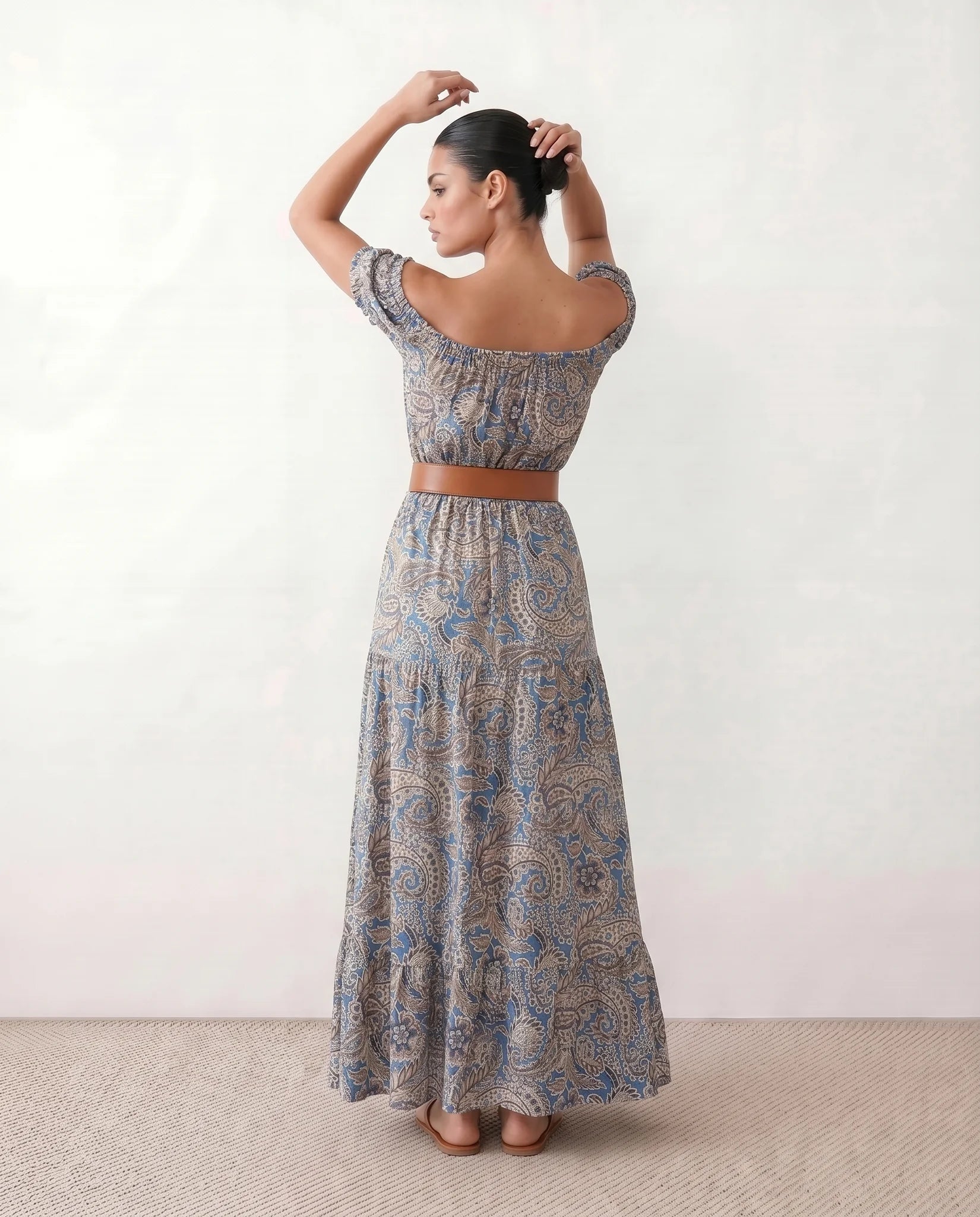 Alba Off Shoulder A-Line Maxi Dress in Blue — back view