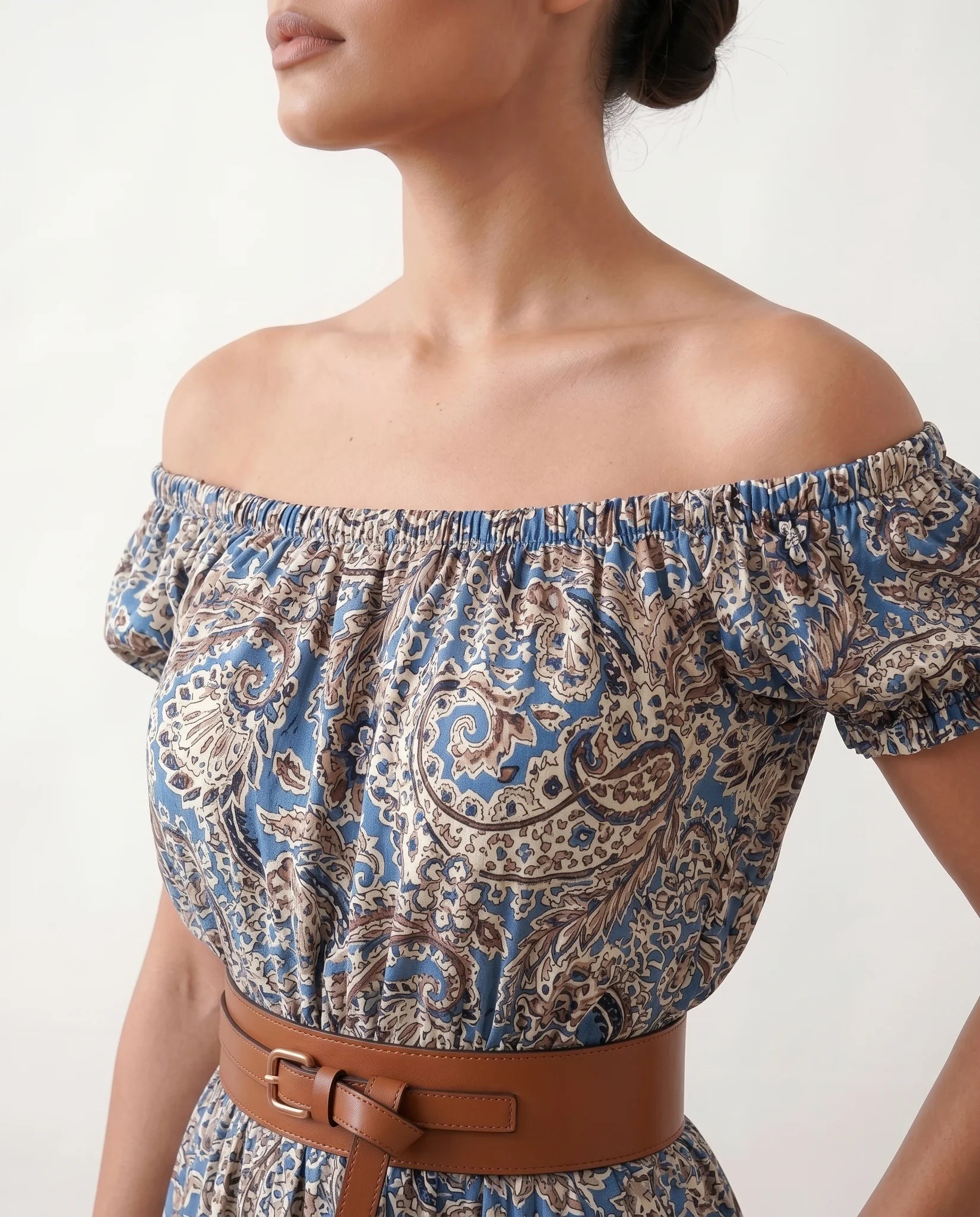 Alba Off Shoulder A-Line Maxi Dress in Blue — detail close-up