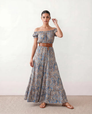 Alba Off Shoulder A-Line Maxi Dress in Blue — front view