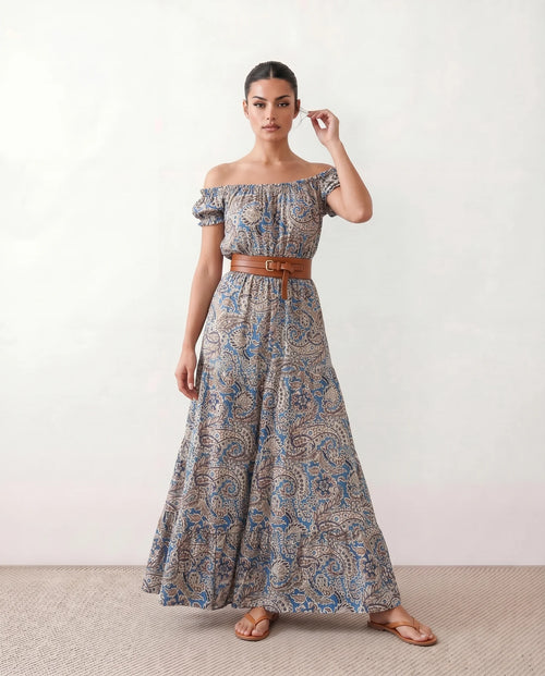 Alba Off Shoulder A-Line Maxi Dress in Blue — front view