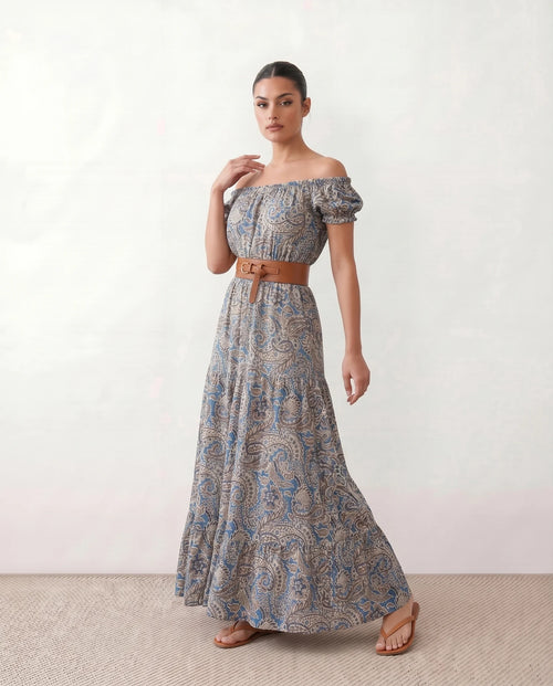 Alba Off Shoulder A-Line Maxi Dress in Blue — side view