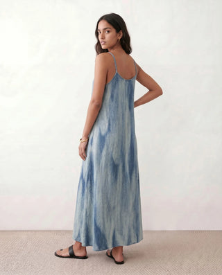 Amara Slip Spaghetti Strap Maxi Dress in Tie dye Blue — back view