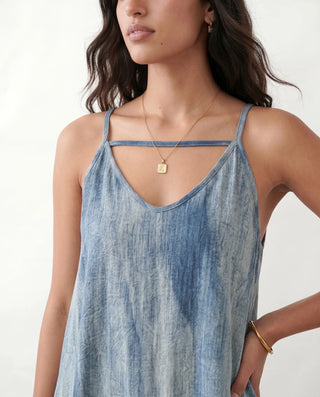 Amara Slip Spaghetti Strap Maxi Dress in Tie dye Blue — detail close-up