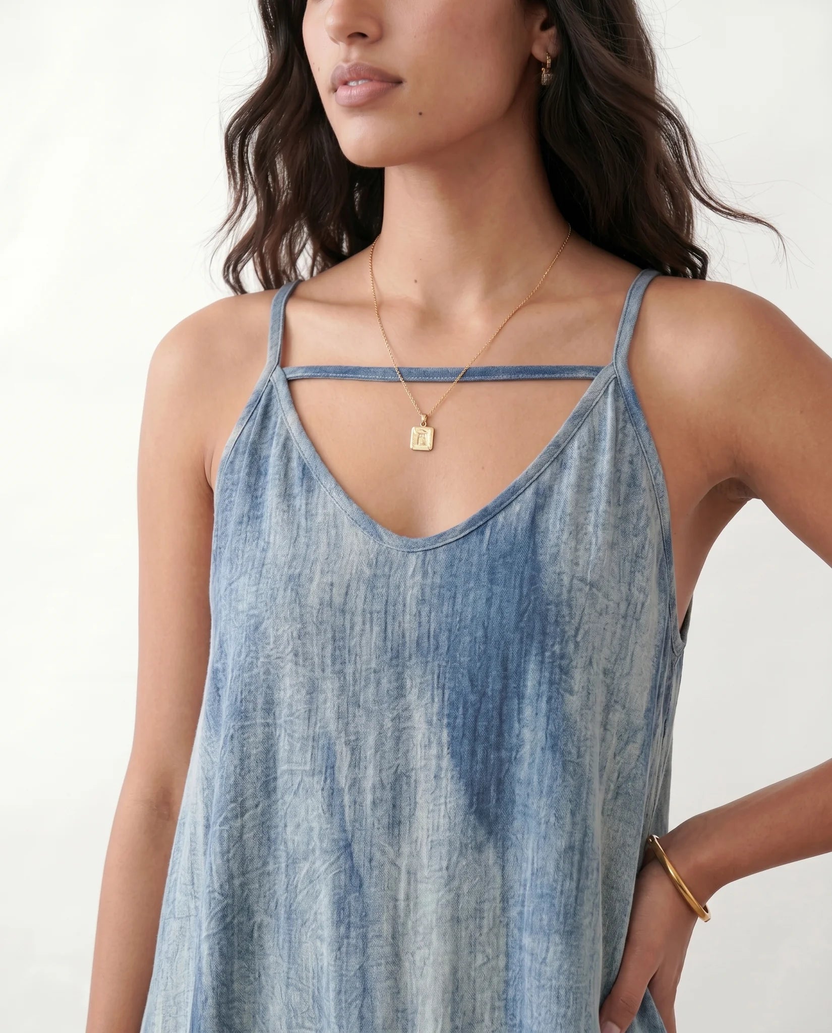 Amara Slip Spaghetti Strap Maxi Dress in Tie dye Blue — detail close-up