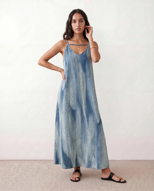 Amara Slip Spaghetti Strap Maxi Dress in Tie dye Blue — front view