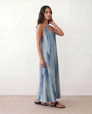 Amara Slip Spaghetti Strap Maxi Dress in Tie dye Blue — side view