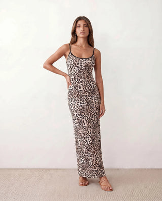 Anika Spaghetti Strap Low Back Maxi Dress in Animal Brown — front view