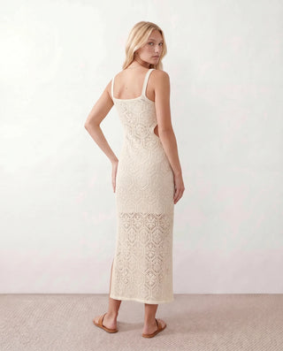 Aster Crochet Spaghetti Strap Maxi Dress in Beige — back view