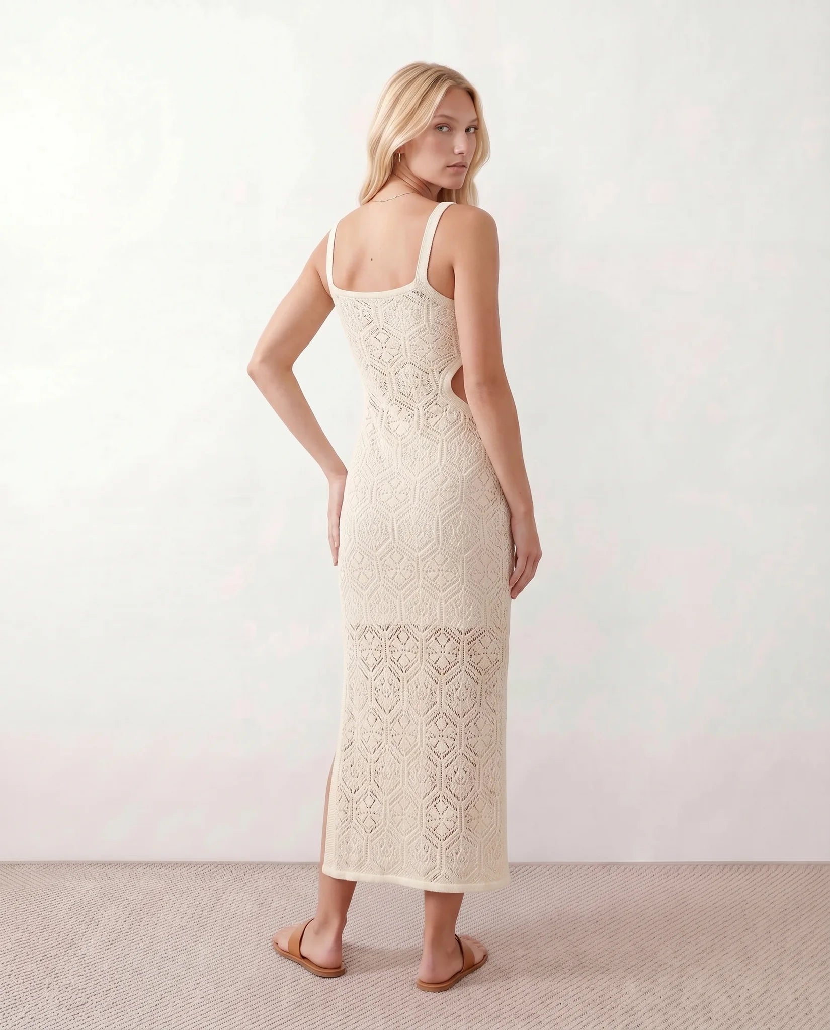 Aster Crochet Spaghetti Strap Maxi Dress in Beige — back view