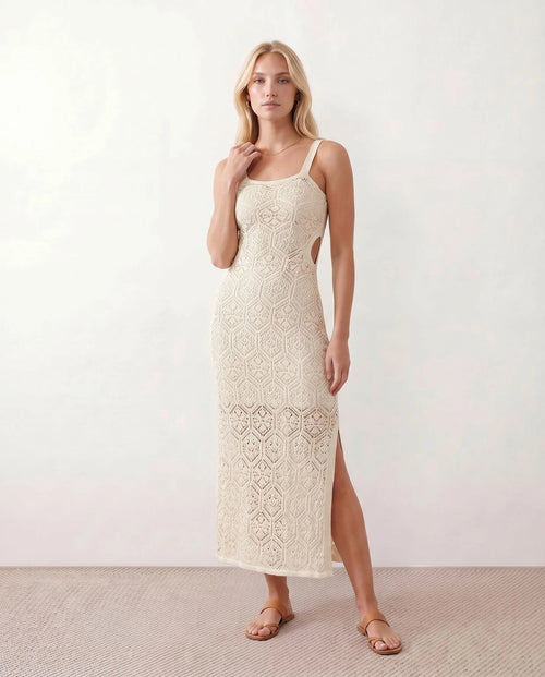 Aster Crochet Spaghetti Strap Maxi Dress in Beige — front view