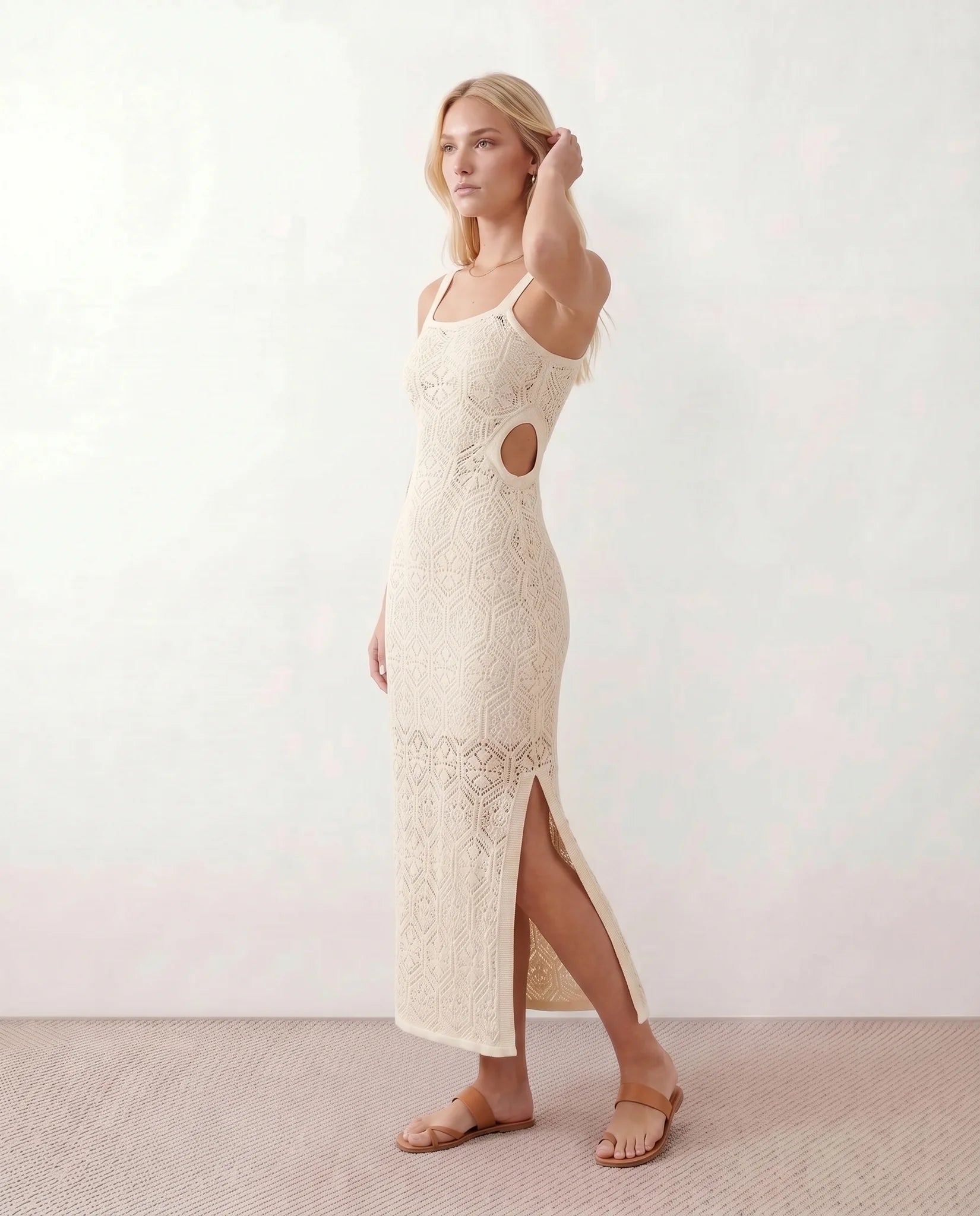 Aster Crochet Spaghetti Strap Maxi Dress in Beige — side view