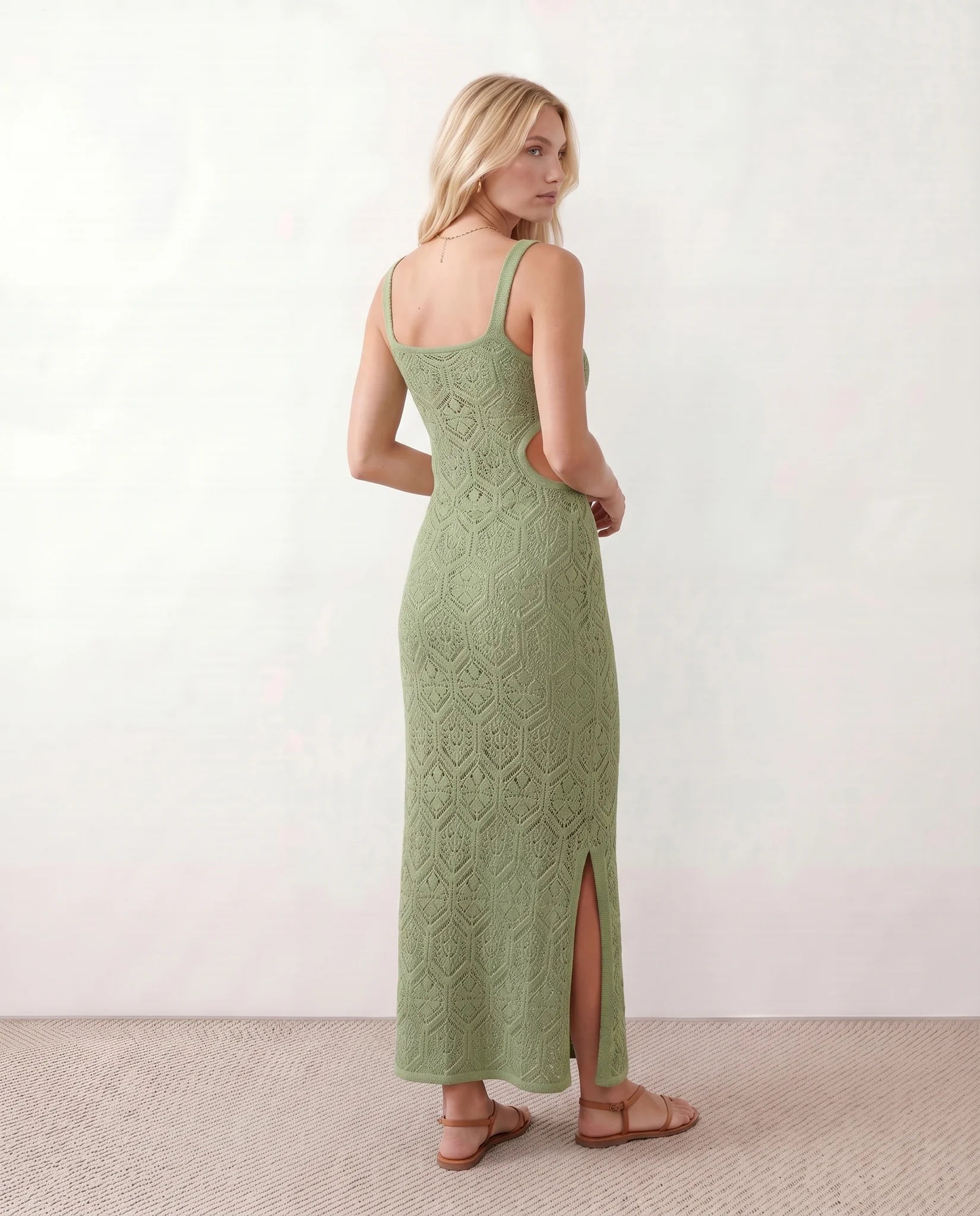 Aster Crochet Spaghetti Strap Maxi Dress in Green — back view