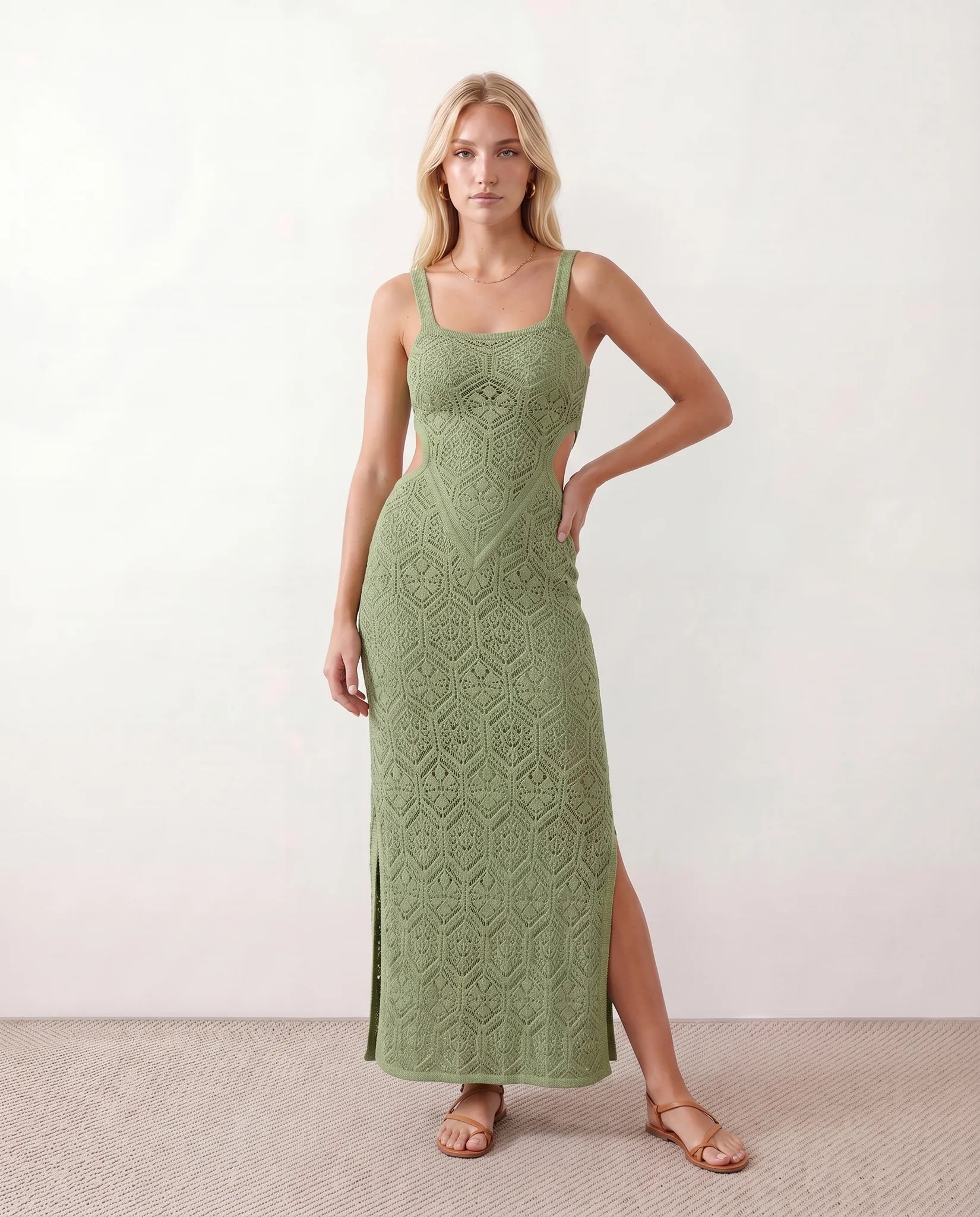 Aster Crochet Spaghetti Strap Maxi Dress in Green — front view