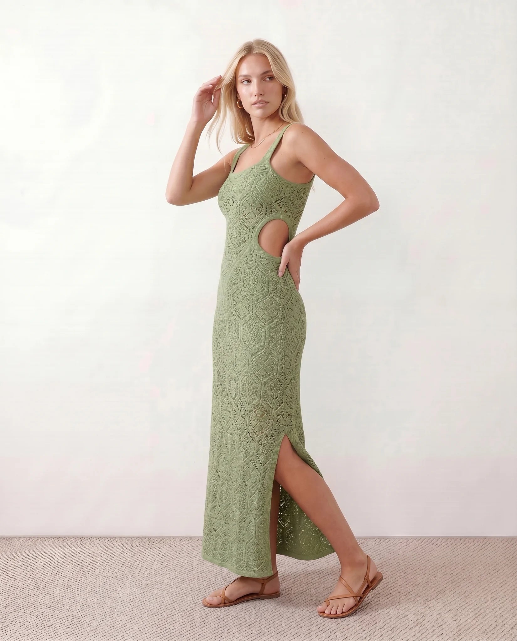 Aster Crochet Spaghetti Strap Maxi Dress in Green — side view