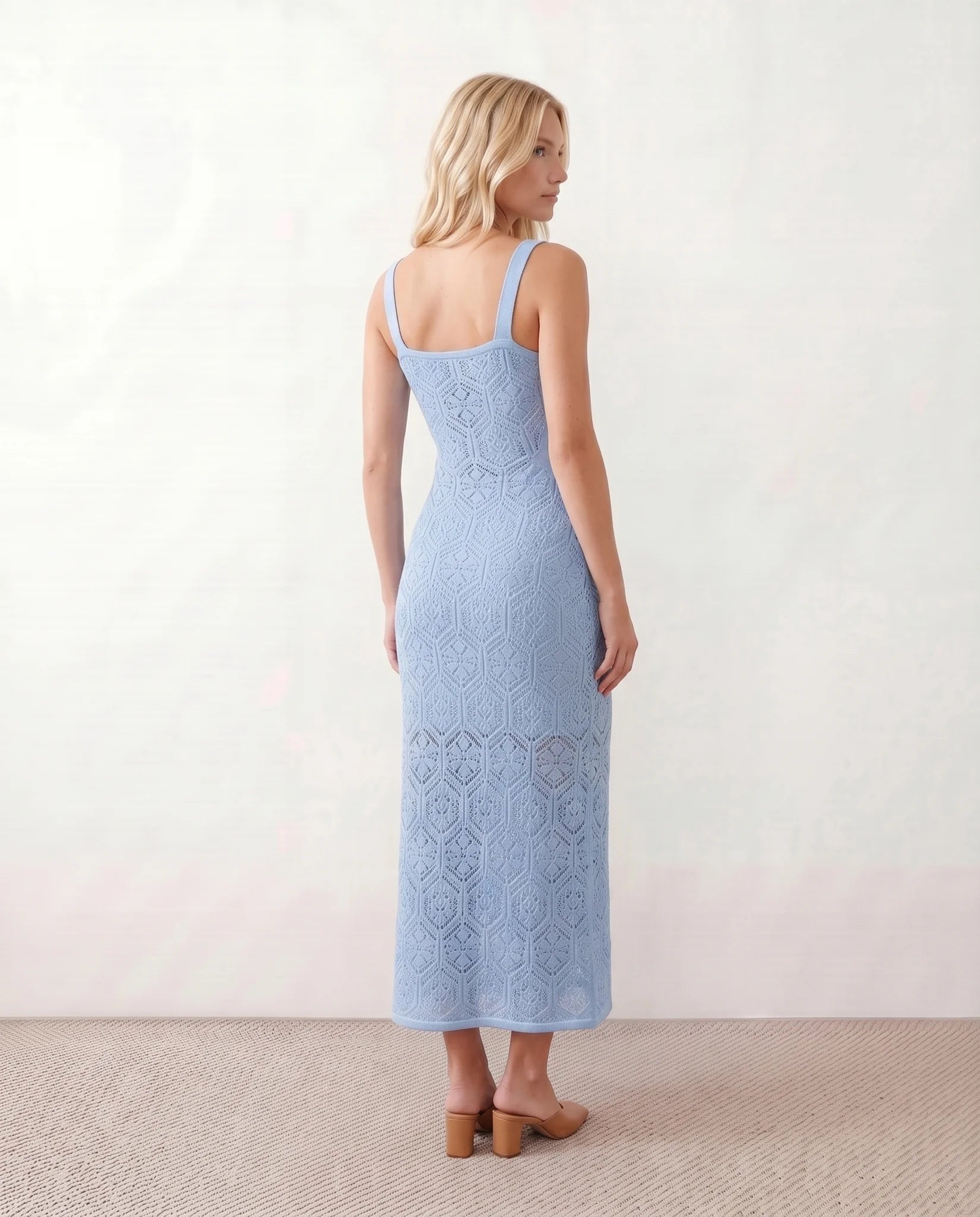 Aster Crochet Spaghetti Strap Maxi Dress in Light Blue — back view