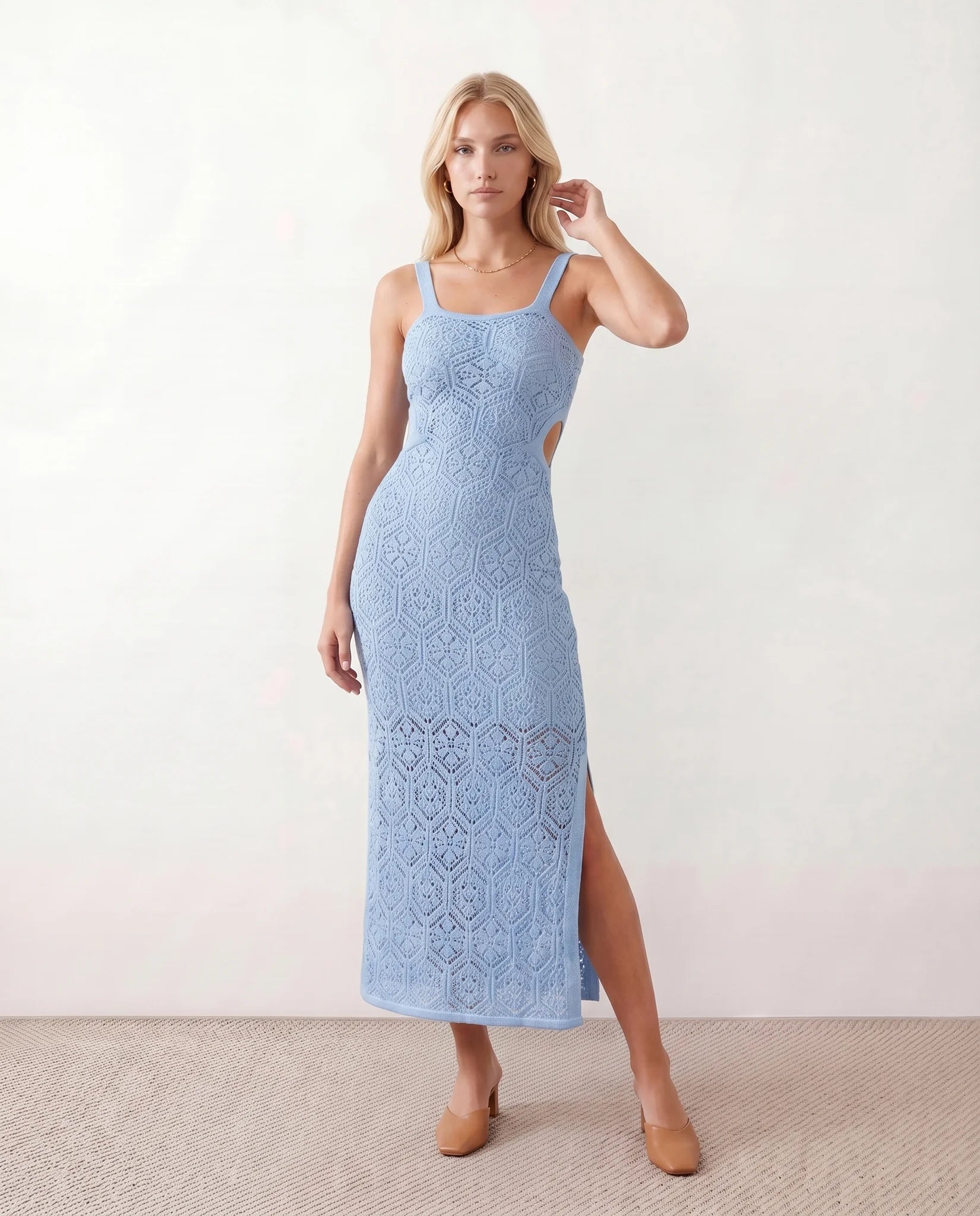 Aster Crochet Spaghetti Strap Maxi Dress in Light Blue — front view