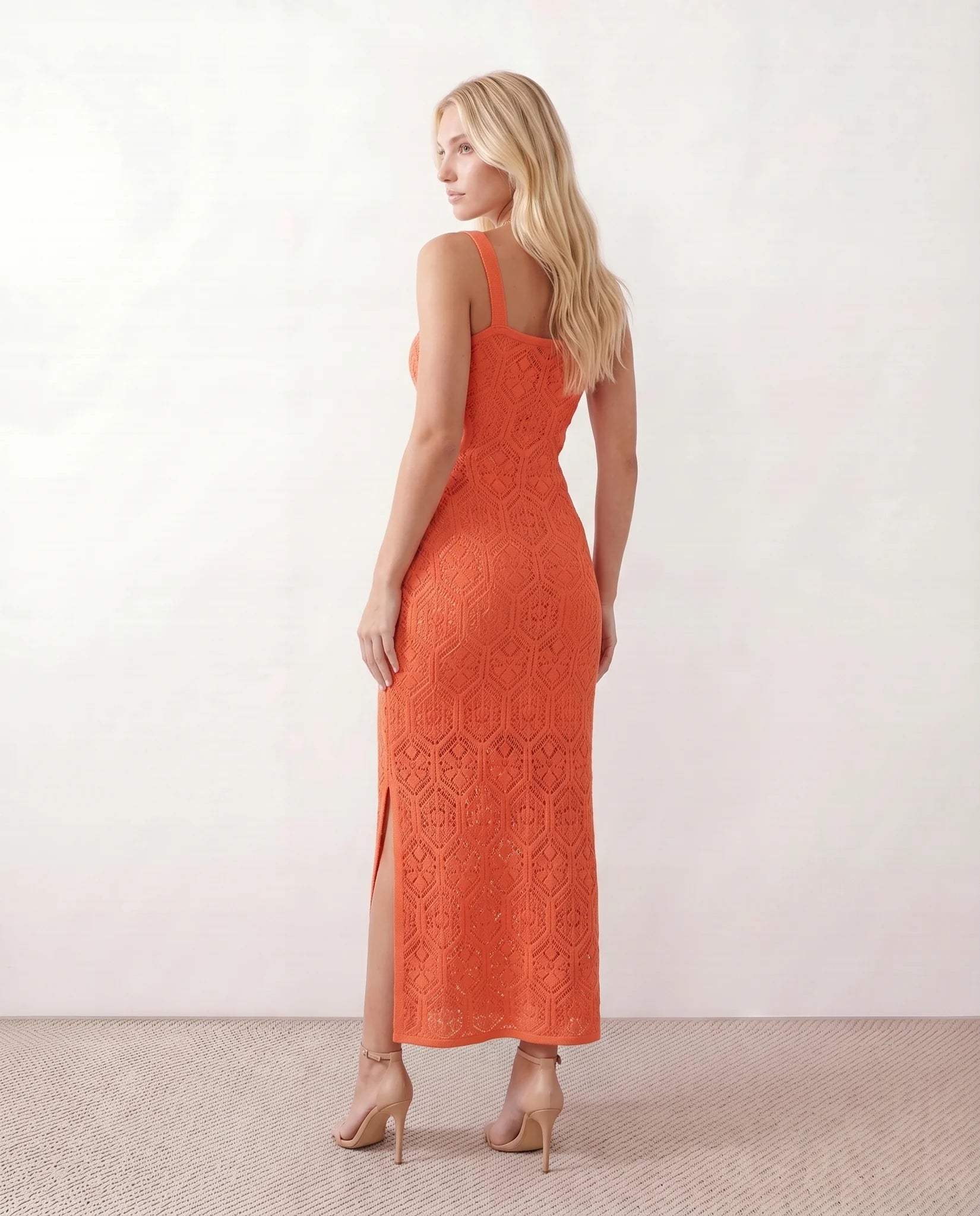 Aster Crochet Spaghetti Strap Maxi Dress in Orange — back view