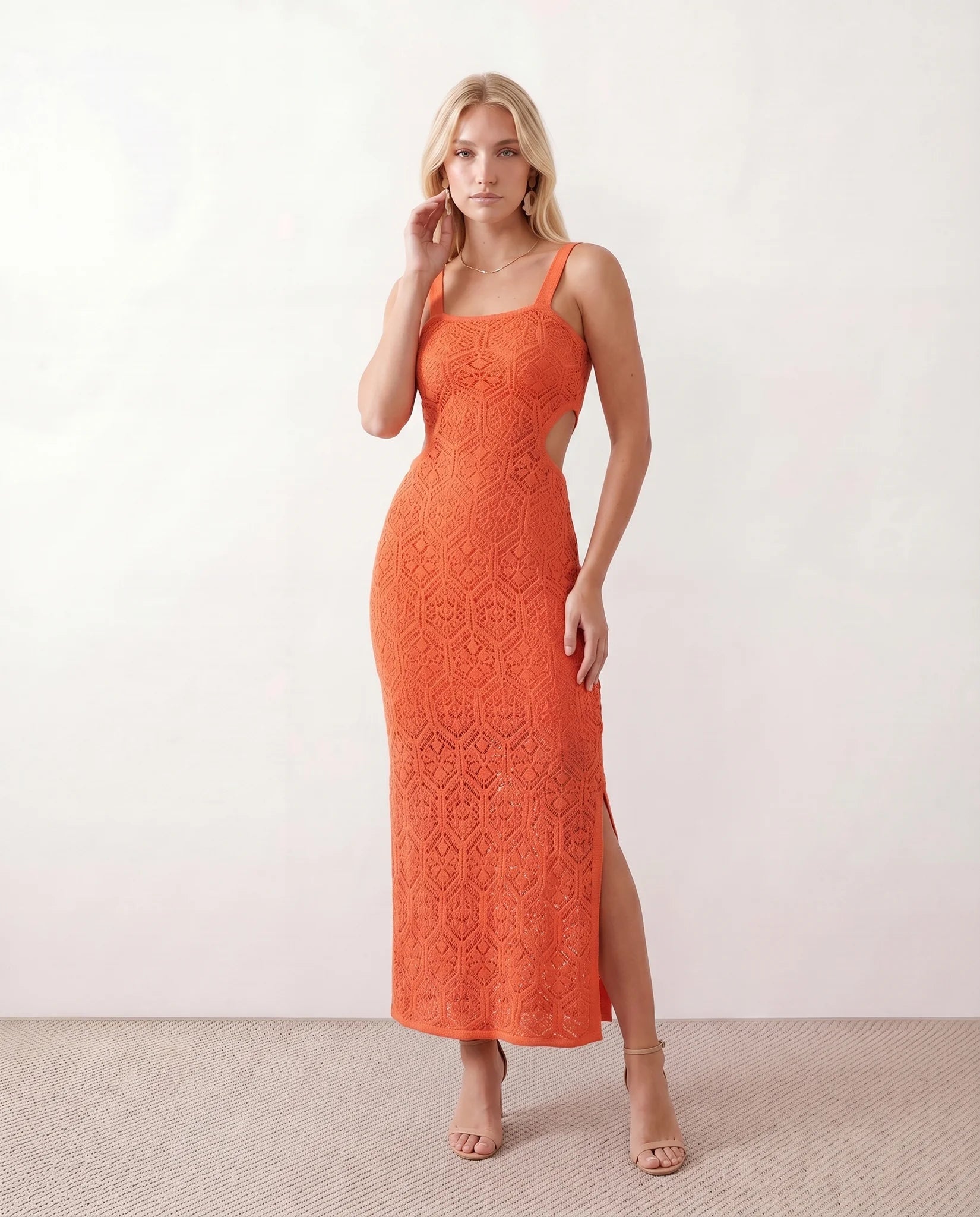 Aster Crochet Spaghetti Strap Maxi Dress in Orange — front view