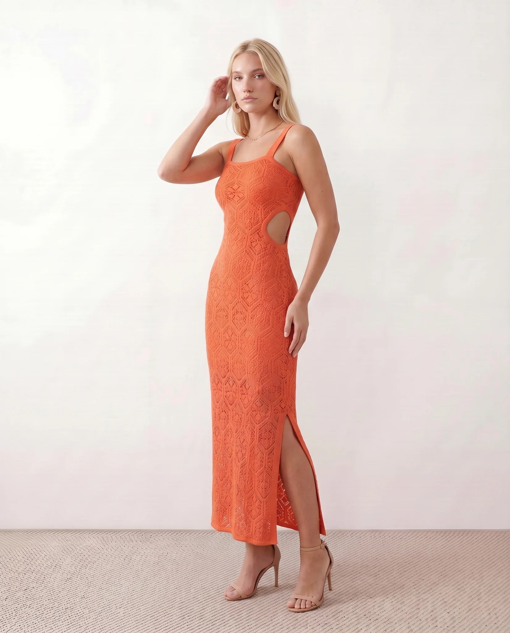 Aster Crochet Spaghetti Strap Maxi Dress in Orange — side view