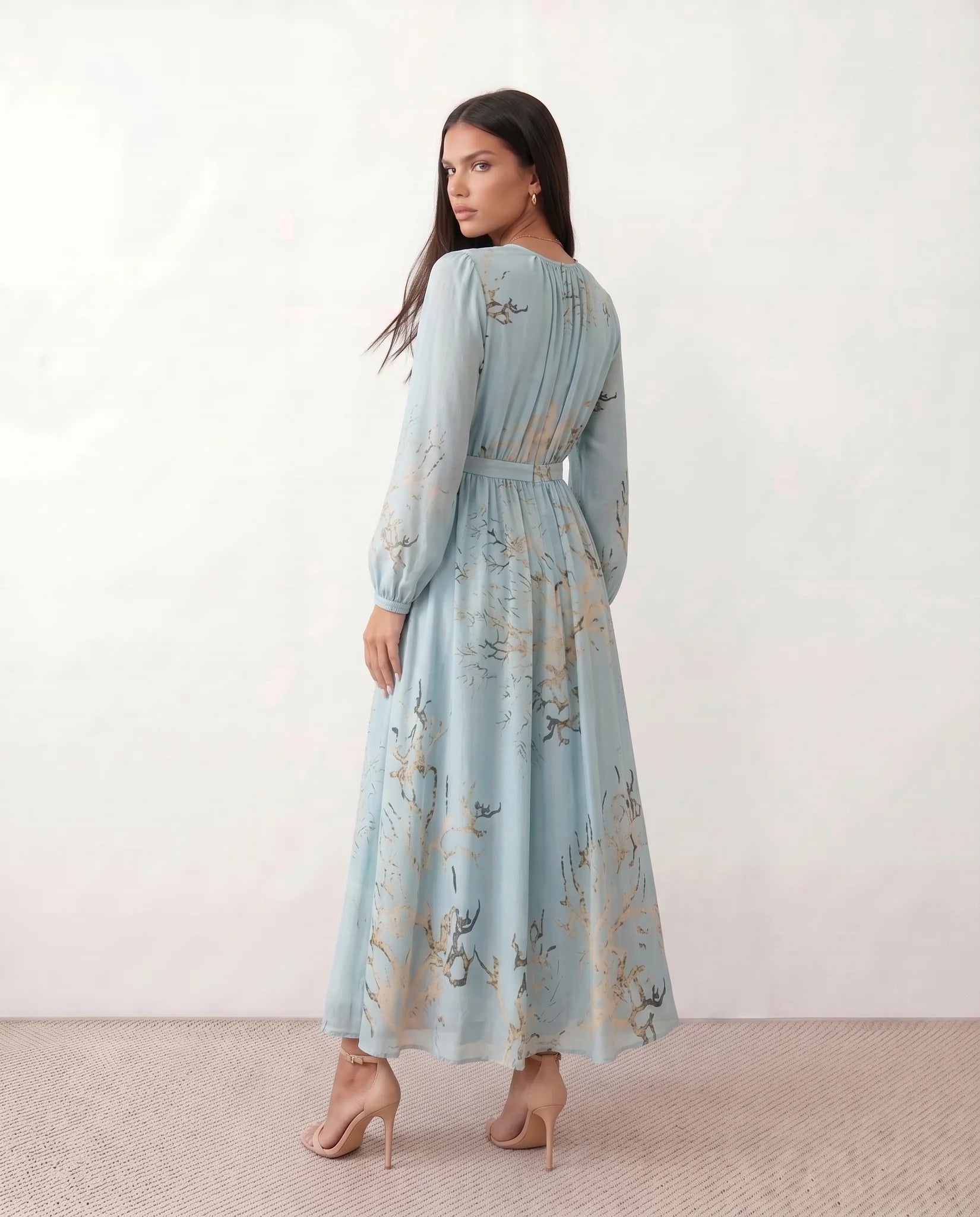 Aria Wedding Guest Silk Maxi Dress in Light Blue — back view