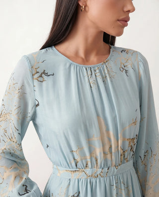 Aria Wedding Guest Silk Maxi Dress in Light Blue — detail close-up